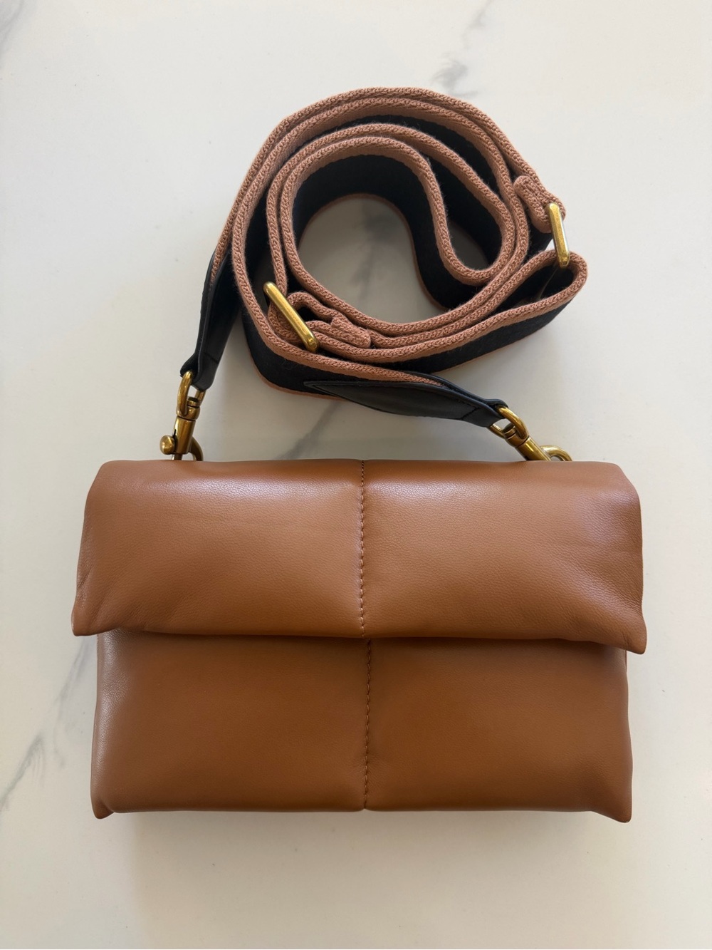 AllSaints Ezra Quilted Leather Crossbody Bag in Camel/Tan